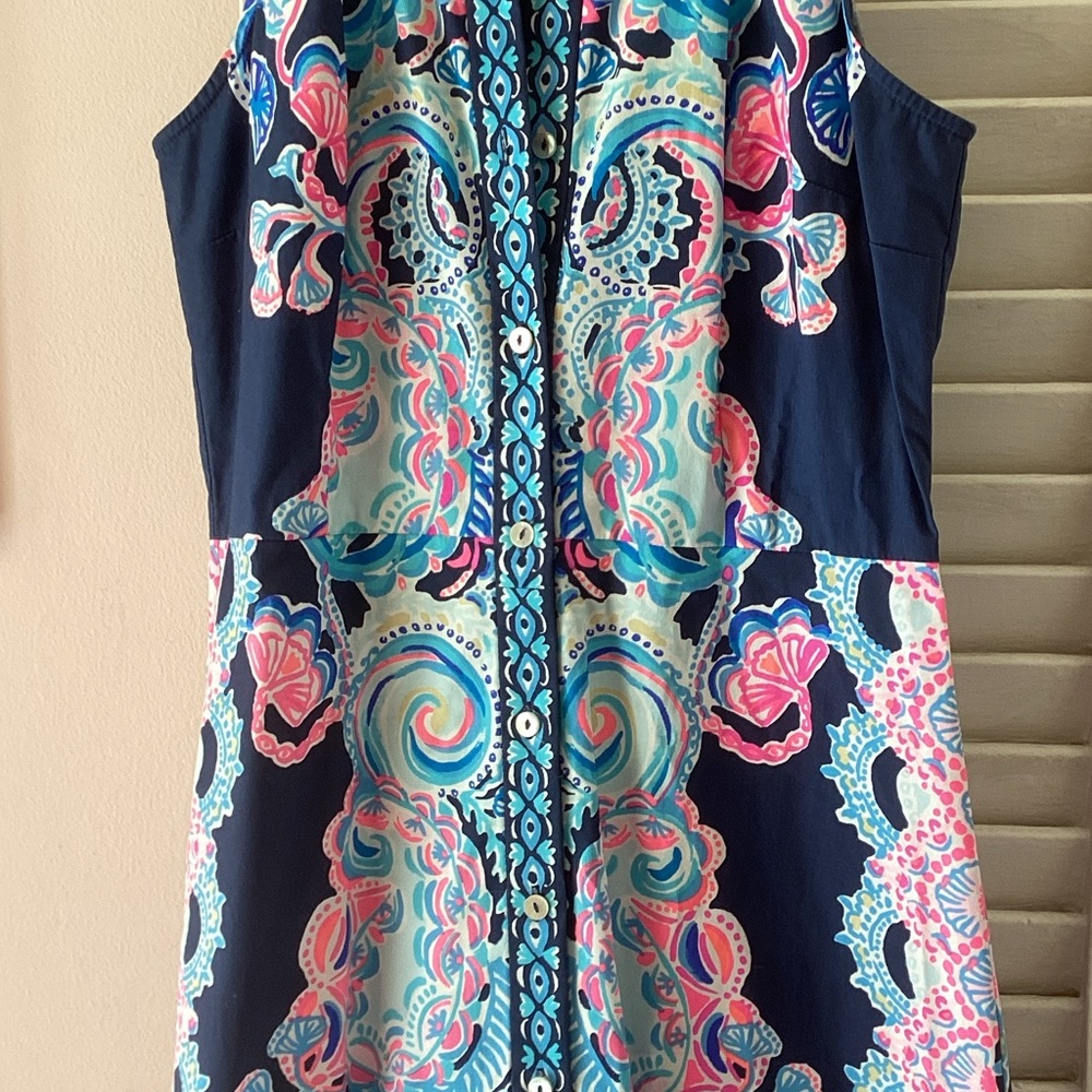 Lilly Pulitzer Navy Halter Maxi Dress with Pink & Aqua Paisley - Picture 2 of 6